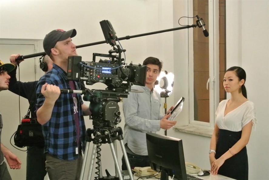 Interview production set in Shanghai with monitoring and audio support